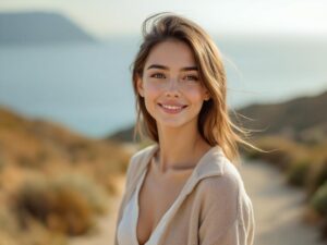 Smiling young adult with hair tucked behind their ears, standing outdoors and radiating confidence after otoplasty abroad.